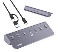 FIDECO Powered USB Hub, 7 Port 10Gbps Fast Data Hub for iPhone 16/15 and Laptop, Full Aluminum USB Splitter with 5V 3A Power Adapter, 4 USB A and 3 USB C Ports, Support BC1.2 Charging (Grey)