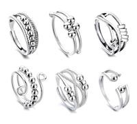 Fidget Anxiety Relief Ring for Women, 6PCS Silver Adjustable Open Spinner Rings, Silence Autism Sensory Toy Jewellery Thanksgiving Christmas Valentine's Day Gift for Mum, Girlfriend, Daughter