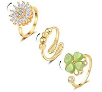 Fidget Ring Anxiety Rings for Women Gold 3pcs Adjustable Spinner Ring CZ Diamond Sunflower Moon Star Four Leaf Heart Bead Fidget Rings for Anxiety Stress Relief for Women