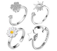 Fidget Ring Set - Fidget Jewelry | Ring - Rotating Sun Moon Daisy Clover Design, Modern Open Adjustable Stress Relief Accessory Ideal For Ladies Girls Adults