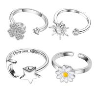 Fidget Ring Set - Sun Flower Clover Spinner Rings | Adjustable Rotating Jewelry - Stress Relief Fashion For Stage Gathering Commuting Girls Adults Ladies