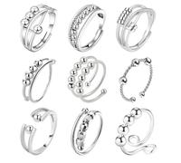 Fidget Rings with Beads, Anti Anxiety Rings for Women, Open Adjustable Fidget Spinner Ring Women with Beads,Silver Plated Brass Metal Anti-worry Spinner Ring, Brass, No Gemstone