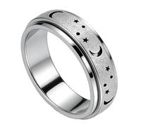 Fidget Spinner Ring for Women, Stainless Steel Anxiety Ring, Star Moon Rotatable Stress Relief Finger Band Rings, Hypoallergenic Minimalist Promise Ring for Valentine's Day Gift, Silver, Size UK R
