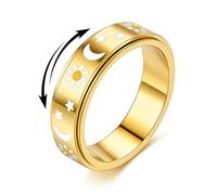 Fidget Toys Adults Ring for Women - Anxiety Stress Relief Items Quiet Spinner Gift for Birthday Sun Moon Star Rotating Jewelry Stainless Steel Gold Plated Size 9