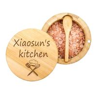 FIDHOW Personalised Bamboo Salt Cellar with Swivel Magnetic Lid | Custom engraved wooden salt pot with built-in spoon for sea salt, pepper, spices and herbs