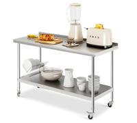 FIDOOVIVIA Commercial Work Table, Stainless Steel Catering Table with 3.5CM Worktop Backsplash, Heavy Duty Kitchen Food Prep Table with 4 Wheels & Bottom Shelf for Home, 150 x 60 x 80cm