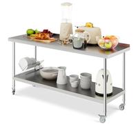 FIDOOVIVIA Stainless Steel Catering Work Table, 180 x 60 x 80cm with 3.5cm Worktop Backsplash, Heavy Duty Kitchen Food Prep Table with 4 Wheels & Bottom Shelf
