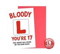 FIDWALL 17th Birthday Badge & Card Gift Set - Funny Learner Driver 'Bloody L' Design, 75mm Badge + 15 x 10 cm Greeting Card with Envelope - Novelty Gift for 17 Year Old Boys & Girls