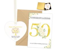 FIDWALL 50th Wedding Set, Ceramic Hanging Heart Plaque with Greeting Card, The Roots of a Family Tree Begin with the Love of Two Hearts, Golden Anniversary Decorations for Parents and