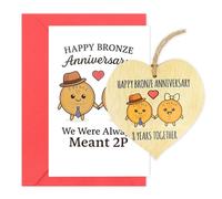 FIDWALL 8th Wedding Anniv-ersary G-ift Set for Husband Wife, Funny Bronze Anniversary Card and Wooden Heart Plaque, 8 Years Together Keepsake for Men Women Partner