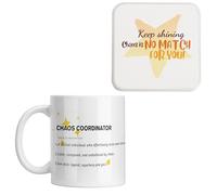 FIDWALL Chaos Coordinator 11oz White/Off-White Ceramic Mug with Inspirational Coaster, Novelty Office Home Drinking Cup, Dishwasher Safe