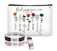 FIDWALL Christian Bible Verse Bracelets with NFC & Inspirational Makeup Bag, Daily Scripture Bracelets for Women (Black & Pink), Encouraging Christian Gifts for Her (Floral Blossoms)