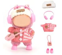 FIDWALL Doll Clothes for Labubu,5-Piece Outfit Set for 17cm Dolls,Handcrafted Crochet Clothing with Knitted Headband,Headphones,Shoulder Bag & Shoes,Lovely Doll Accessories (No Doll) (Peach Pink)