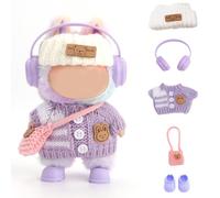 FIDWALL Doll Clothes for Labubu,5-Piece Outfit Set for 17cm Dolls,Handcrafted Crochet Clothing with Knitted Headband,Headphones,Shoulder Bag & Shoes,Lovely Doll Accessories (No Doll) (Lavender Purple)