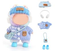 FIDWALL Doll Clothes for Labubu,5-Piece Outfit Set for 17cm Dolls,Handcrafted Crochet Clothing with Knitted Headband,Headphones,Shoulder Bag & Shoes,Lovely Doll Accessories (No Doll) (Misty Blue)