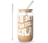 FIDWALL Iced Coffee Cup,Glass Cups with Lids and Straws,40th Birthday Gifts for Women,Perfect for Hot and Cold Drinks,Durable Glass Tumbler for Special Occasions,Unique Gift (Forties)