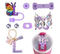 FIDWALL Letter Cup Accessories Set Compatible with Stanley Cup 40 oz - Silicone Straw Cover, Spill Stoppers, Butterfly & Bling Charms, Initial Alphabet Decorations for Stylish Tumbler Upgrade (L)