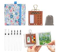 FIDWALL Mini Travel Watercolour Set - Portable Pocket Paint Kit with Wooden Palette, Floral Sketchbook, 6 Brush Pens & Storage Bag - Ideal for Travel, Outdoor Painting, Gifts & Beginners (Blue)