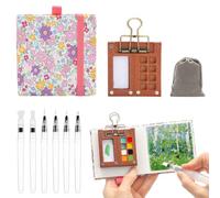 FIDWALL Mini Travel Watercolour Set - Portable Pocket Paint Kit with Wooden Palette, Floral Sketchbook, 6 Brush Pens & Storage Bag - Ideal for Travel, Outdoor Painting, Gifts & Beginners (Pink)