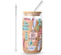 FIDWALL Mom Daily Affirmations Iced Coffee Cup,16oz Iced Coffee,Glass Cups with Lids and Straws for Hot and Cold Drinks,Includes Brush,Glass Coffee Cup with Lid.(Inspirational)