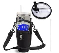 FIDWALL Water Bottle Carrier Bag & Lid Combination, Compatible with Stanley 40oz Tumbler, Spill Proof, Water Bottle Bag with Strap, Flip Straw Replacement Cup Lid with 1pcs Straw (Black)