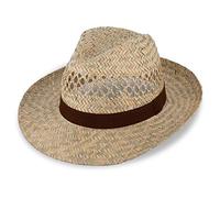 fiebig Fedora Straw hat with Brown Ribbon | Sun hat for Men and Women in 100% Straw | Bogart hat Made in Italy | Summer hat with Wide Brim in Many Sizes | Color Natural (59-L)