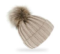 fiebig Knitted hat with faux fur bobble | wool hat with fleece lining | beanie made in Europe, beige, One Size Fits All