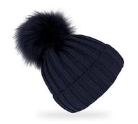 fiebig Knitted hat with faux fur bobble | wool hat with fleece lining | beanie made in Europe, navy, One Size Fits All