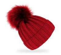 fiebig Knitted hat with faux fur bobble | wool hat with fleece lining | beanie made in Europe, red, One Size Fits All