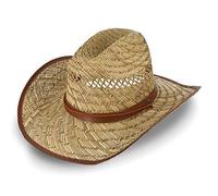 fiebig Western hat Made of Straw for Women and Men | Cowboy hat with Chin Strap | Straw hat with Imitation Leather Strap | Sun hat with Sweatband & Brim Edging (59-L) Natural