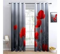 Field Gray Grassland Red Flowers Printed Curtains Photographic Art Decorative Blackout Window Curtain, Grommet Drapes for Bedroom Living Room Office Studio Guest Room 29.5 x 65 Inch (2 Panels)
