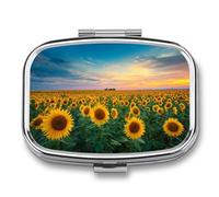Field of Sunflowers Under Sunset Sky Pill Box 2 Compartment Portable Medicine Pill Case Travel Pill Organizer for Pocket Purse