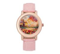 Field of Tulips and Windmill Ladies Watches Easy Read with Leather Strap