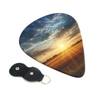 Field sunrise Guitar Picks 6 Pack with Leather Guitar Pick Holder Keychain, Plectrum Key Fob Cases Bag, Abstract Art Plectrum for Acoustic Electric Guitar, Ukulele 0.96mm