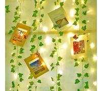 Fielegen 4 Pack 2 Meter Vine with Lights, Fake Ivy String Lights Battery Operated 80 LED Green Leaf Lights, Artificial Garland Plant Vine Fairy Light for Bedroom, Garden, Wall, Room, Party Decor