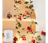 Fielegen 40 LED Christmas Garland with Lights, 2 Meters Red Berry Holly Leaves and Red Ball String Lights Battery Operated Christmas Decorative Lights for Fireplace Mantel Winter Xmas Table Decor