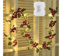 Fielegen 40 LED Christmas Garland with Lights, 2 Meters Red Berry Holly Leaves Battery Operated Christmas Decorative String Lights, Xmas Garland Warm Lights for Fireplace Mantel Table Tree Decor