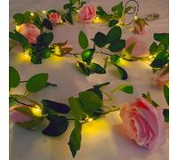 Fielegen 6.56 Feet Artificial Flower String Lights Battery Operated Fake Rose Vine Floral Garland with 20 LED Fairy Lights, Silk Hanging Pink Rose Flower Vines for Garden Wedding Backdrop Table Decor