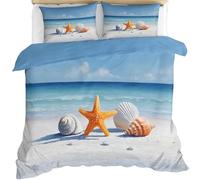 FIEMAR Beach Starfish Shell Quilt Duvet Cover Sea White Sand Tropical Seashore Quilt Cover Double Blue Water Blue Sky and White Clouds Duvet Cover Comforter Covers Bedding Sets with Pillow Cases