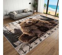 FIEMAR Brown Bear Area Rug 160x230cm Rustic Wood Grain Forest Pine Tree Rugs, Cabin Wildlife Carpet, Machine Washable Anti Slip Fluffy Large Rug for Bedroom Living Room Bedroom Meeting Room