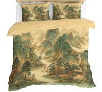 FIEMAR Chinese Mountain Scenic Duvet Cover Sets River Green Mountain Buildings Waterfall Double Boy Bedding Sets Pine Tree Natural Landscape Boys Bed Set Comforter Covers Quilt Cover & Pillowcase