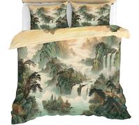 FIEMAR Chinese Style Mountain Landscape Duvet Cover Sets Black and White Ink Mountains Cloud Double Bedding Set for Boys Waterfalls and River Boys Bed Set Comforter Covers Quilt Cover & Pillowcase