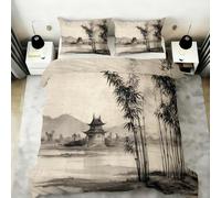 FIEMAR Chinoiserie Duvet Cover Single 135 X 200 cm Bamboo Landscape Bedding Set 3 Piece with Zipper Closure Soft Microfiber Pavilions Terraces and Lakes Quilt Cover with 2 Pillowcases