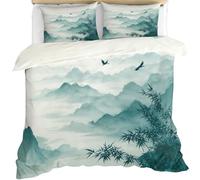FIEMAR Classical Chinese Ink Landscape Duvet Cover Sets Mountain and Clouds Double Bed Set Girls Flying Bird Bamboo Forest Boys Bedding Set Comforter Covers Soft Microfiber Quilt Cover & Pillowcase