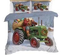 FIEMAR Country Christmas Quilt Duvet Cover Santa Claus Driving A Green Tractor Quilt Cover Double Log Cabin and Pine Trees Duvet Cover Comforter Covers Soft Microfiber Bedding Sets with Pillow Cases