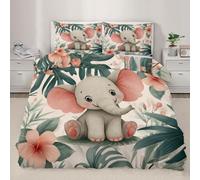 FIEMAR Elephant Duvet Cover Sets Single Kids Cute Cartoon Comforter Set & 2 Pillowcase 50 X 75 cm Tropical Monstera Kids Bedding Sets Soft Microfiber 135 X 200 cm