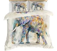 FIEMAR Floral Elephant Duvet Cover Set with Pillowcase for Kids Boys Girls, Abstract Watercolor Animal Bedding Set 3 Pcs for Adult, Colorful Flowers Quilt Cover Double 200 X 200 cm