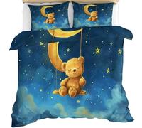FIEMAR Kids Cute Bear Boys Super King Size Duvet Cover Set Little Bear On A Swing Quilt Cover & Pillowcase 3-Piece Moon and Swing Girls Bed Set Starry Sky and Clouds Teen Bedding Sets for Girls