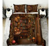 FIEMAR Magic Library Duvet Cover with Pillowcases Soft Microfiber, Floral Library Bedding Set Single 135 X 200 cm, Colorful Old Bookshelf Quilt Cover Room Decor 3Pcs with Zipper Closure