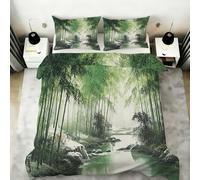 FIEMAR Misty Bamboo Forest Duvet Cover Set Single 135 X 200 cm Green Bamboo Forest Bedding Set 3 Piece Soft Lightweight with 2 Pillowcases Stream Rocky Riverbed Print Pattern Quilt Cover